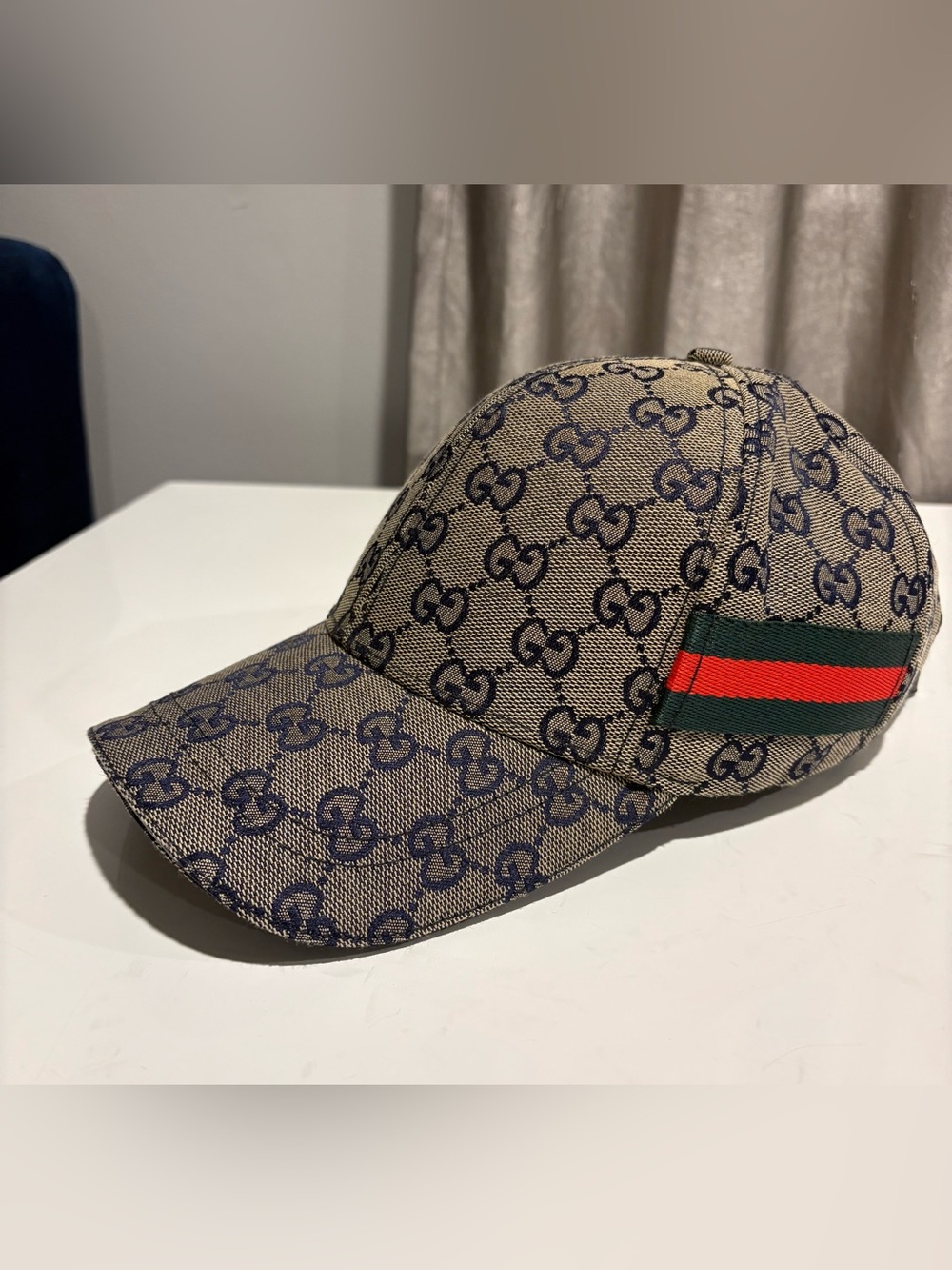 Gucci Beige GG Canvas Cap with Navy Monogram and Green-Red Web, Authentic